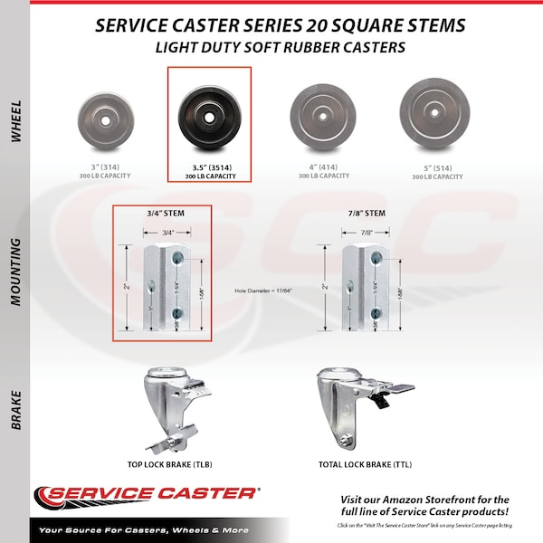 3.5 Inch Soft Rubber Wheel Swivel 3/4 Inch Square Stem Caster Set